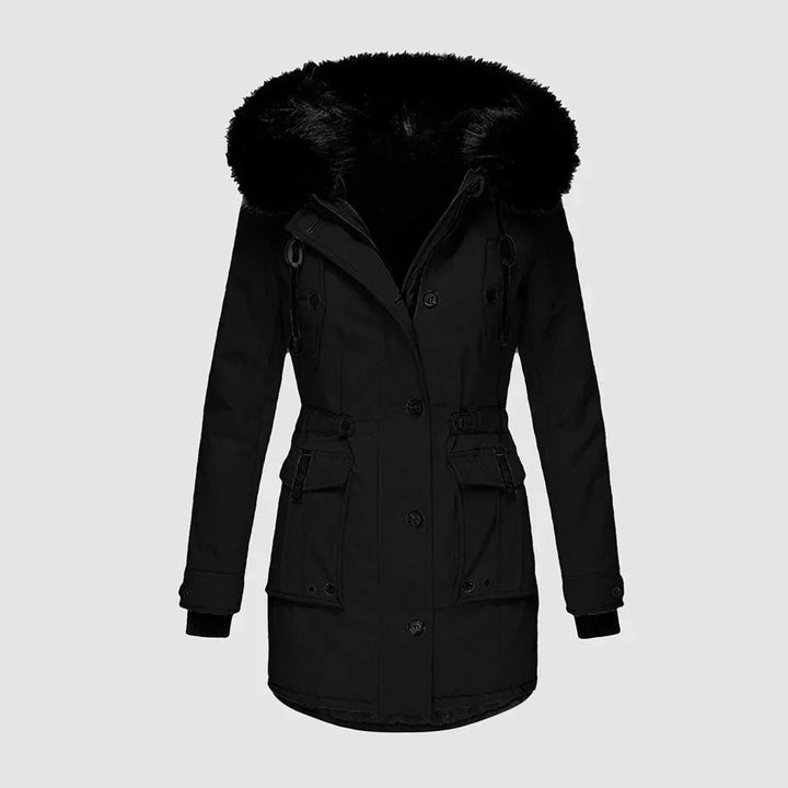 Marguerite black faux fur hood parka winter jacket, front view