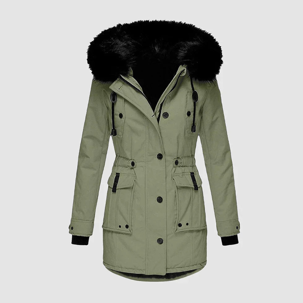 Marguerite green faux fur hood parka winter jacket, front view