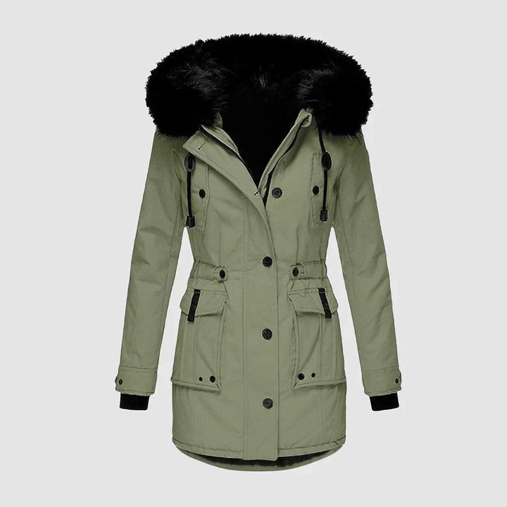 Marguerite green faux fur hood parka winter jacket, front view