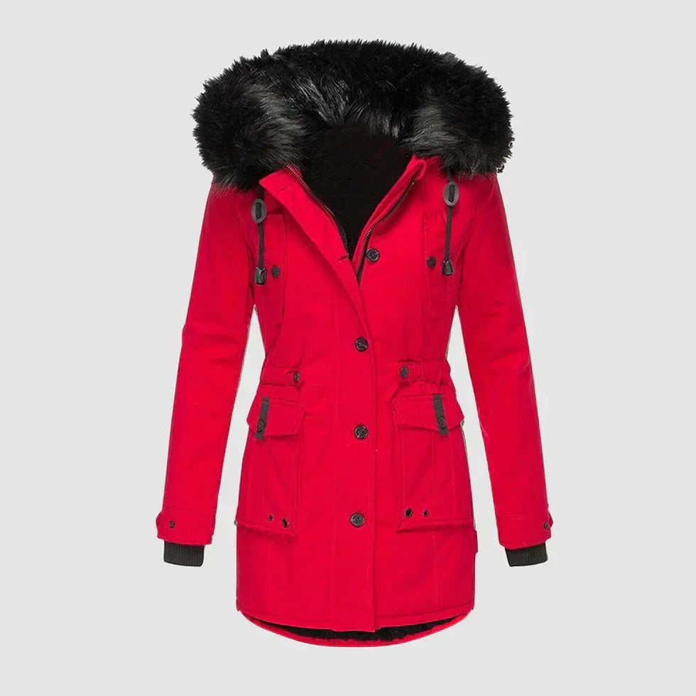 Marguerite red faux fur hood parka winter jacket, front view