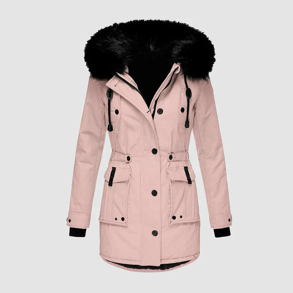 Marguerite red faux fur hood parka winter jacket, front view