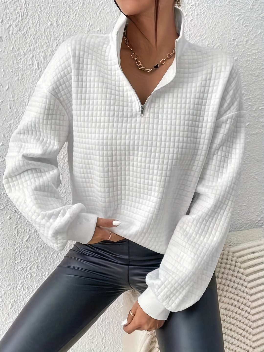 Marguerite white textured quarter-zip pullover with stand collar, front view