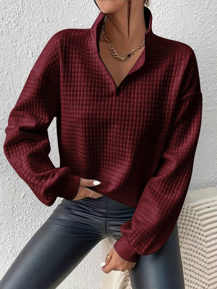 Marguerite deep red textured quarter-zip pullover, front view
