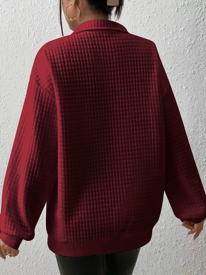 Marguerite deep red textured quarter-zip pullover, back view