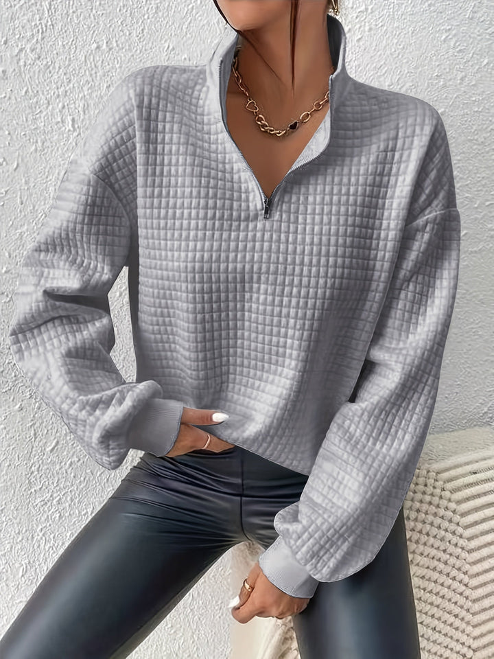 Marguerite grey textured quarter-zip pullover, front view