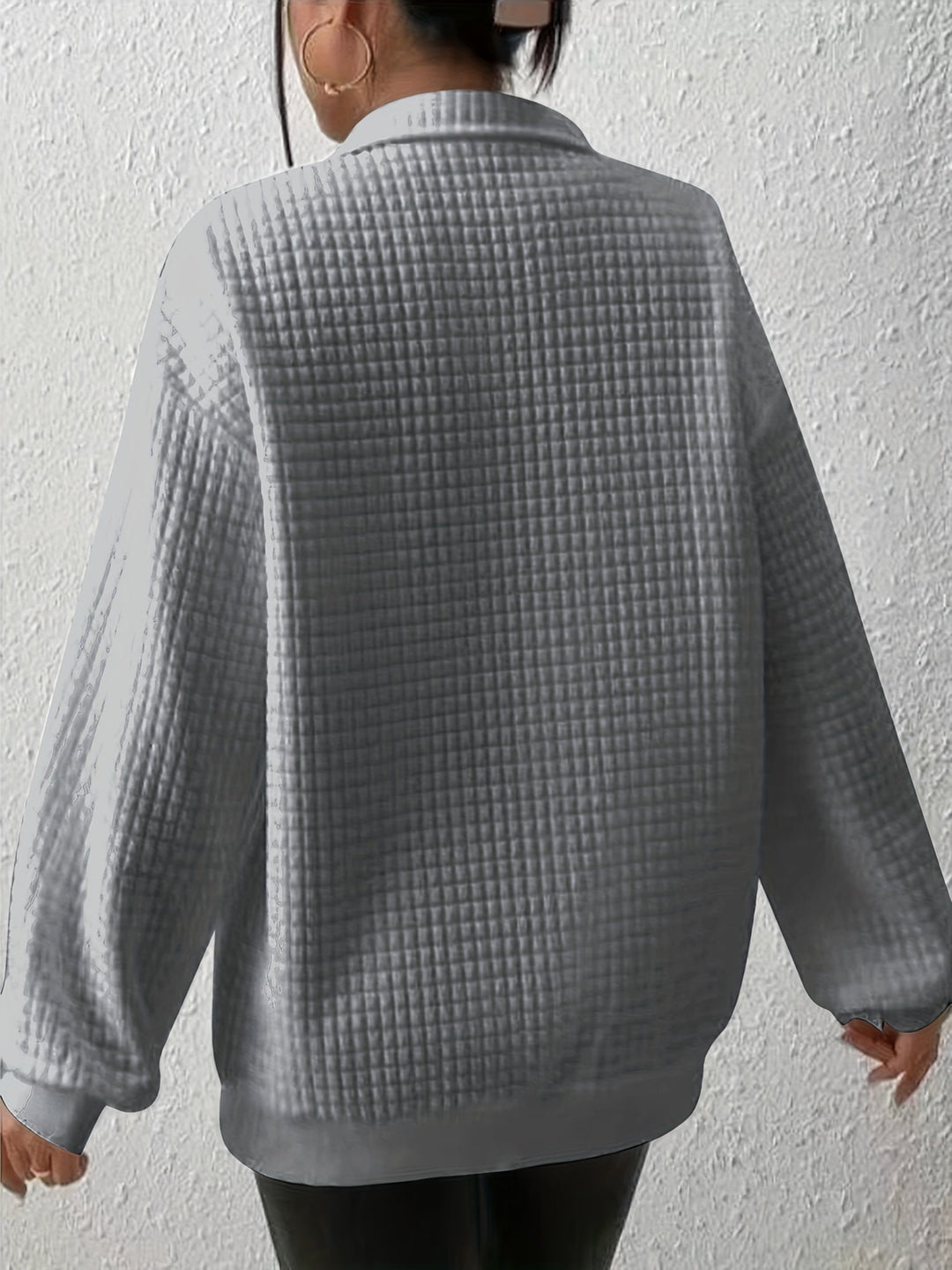 Marguerite grey textured quarter-zip pullover, back view
