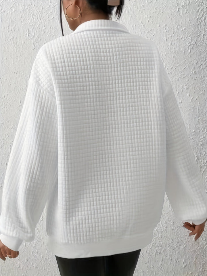 Marguerite white textured quarter-zip pullover, back view