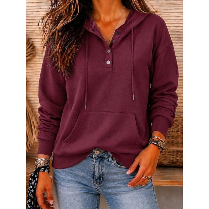 Marielle relaxed button neck hoodie in claret, front view close-up