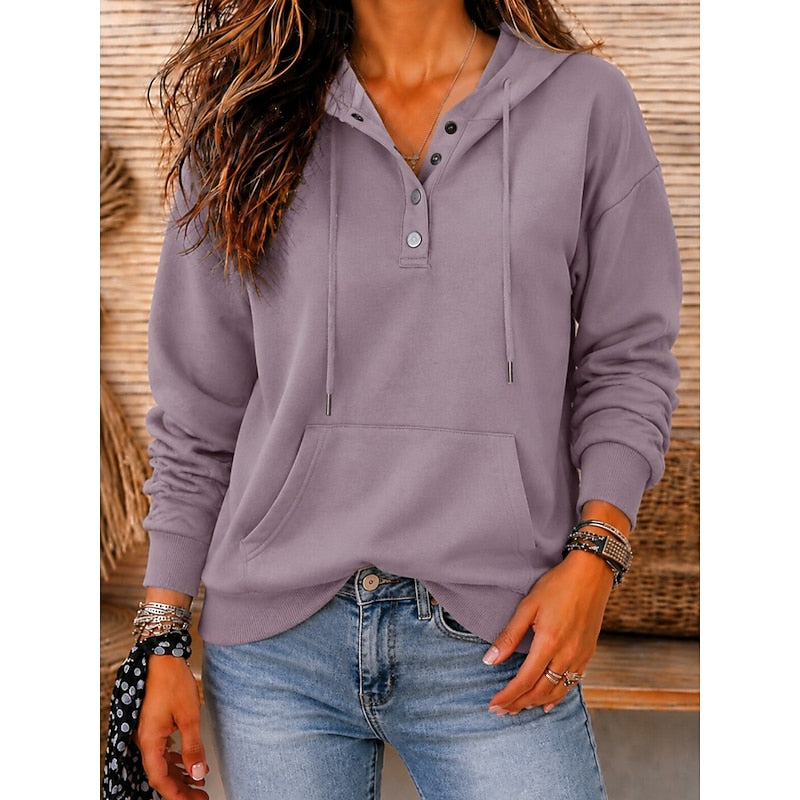 Marielle relaxed button neck hoodie in light purple, front view close-up