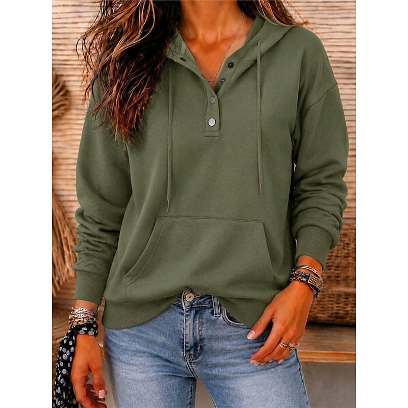 Marielle relaxed button neck hoodie in green, front view close-up