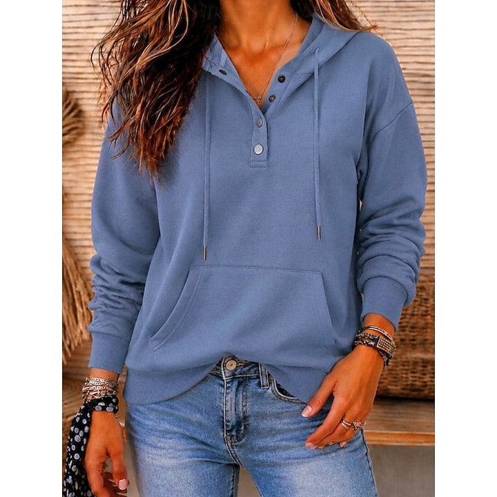 Marielle relaxed button neck hoodie in blue, front view close-up
