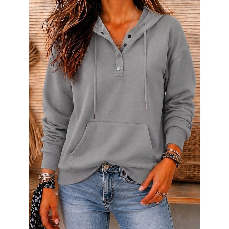Marielle relaxed button neck hoodie in ash gray, front view close-up