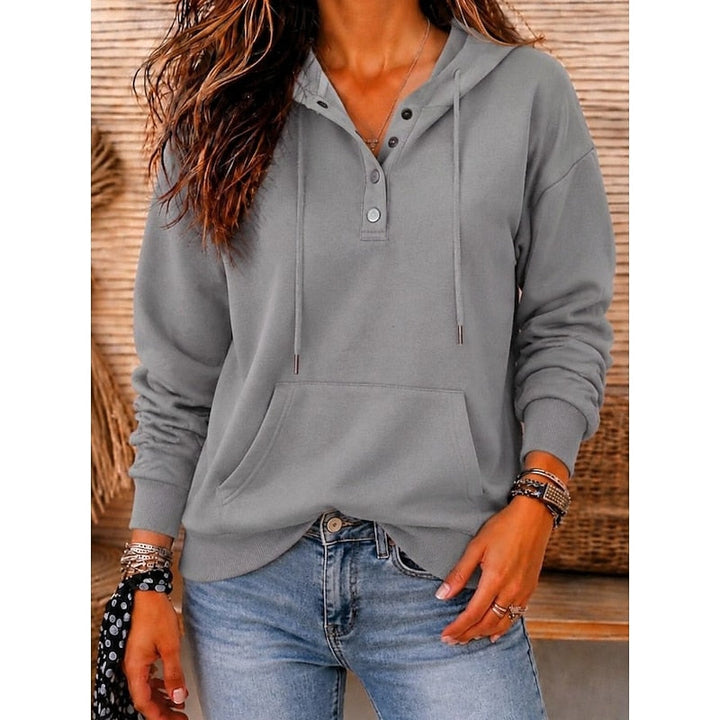 Marielle relaxed button neck hoodie in ash gray, front view close-up