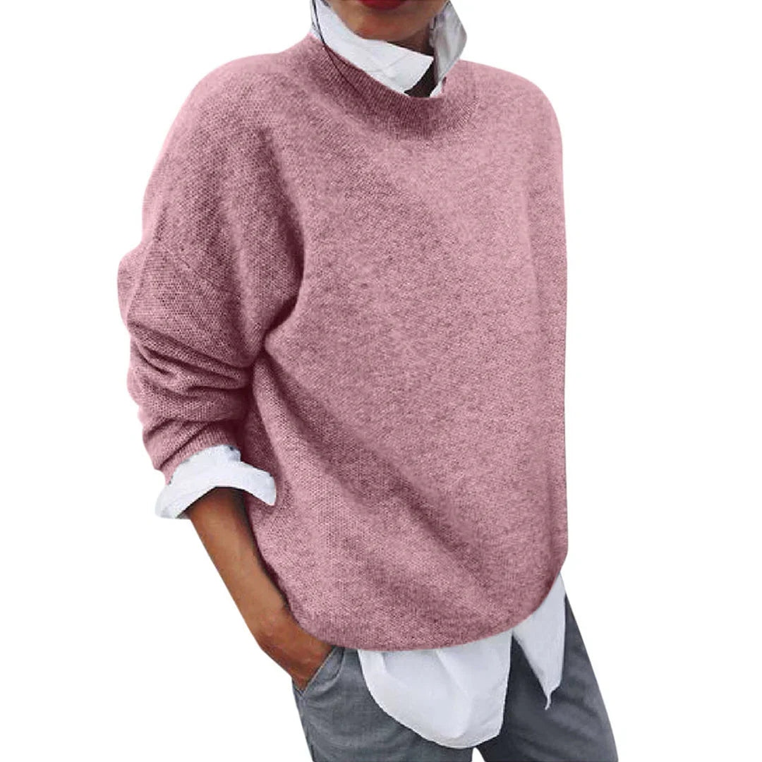 Marigold mock neck long sleeve sweater in pink, front view