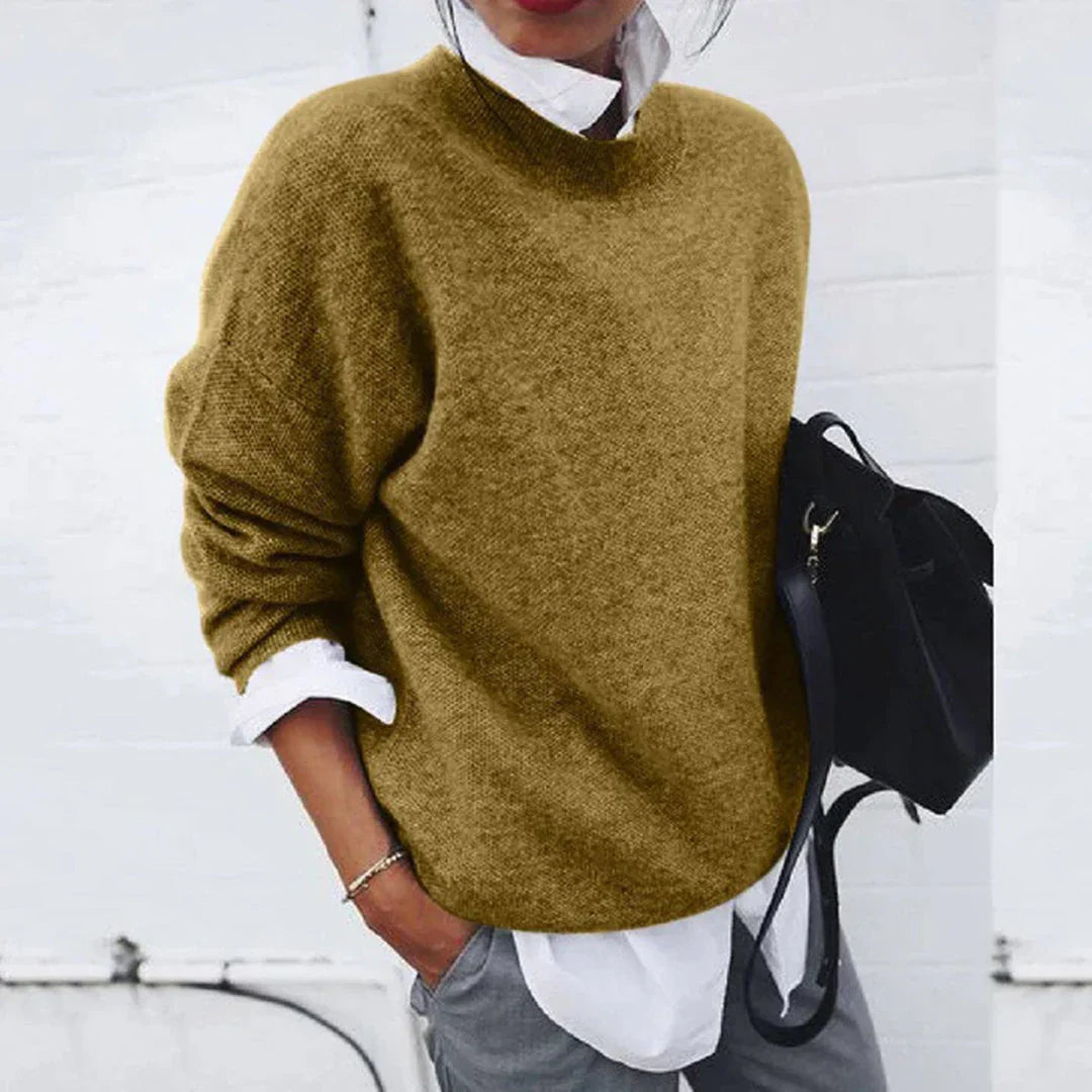 Marigold mock neck long sleeve sweater in mustard, styled with white shirt
