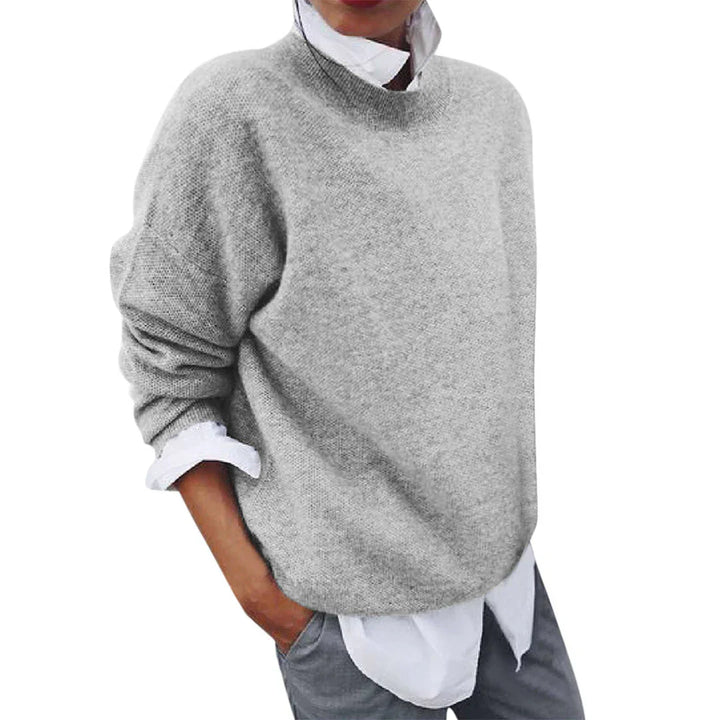 Marigold mock neck long sleeve sweater in gray, front view