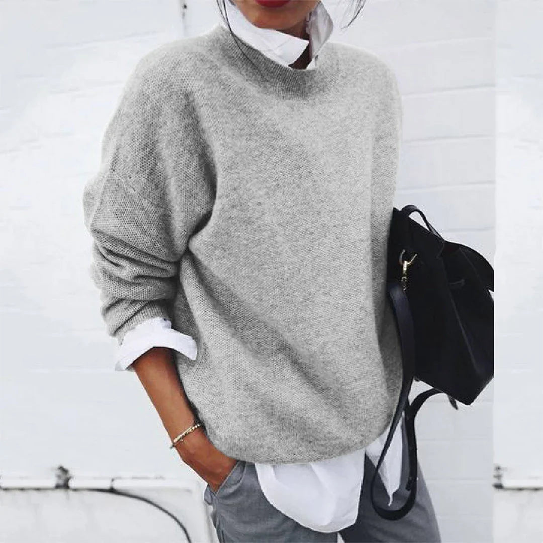 Marigold mock neck long sleeve sweater in gray, styled with backpack