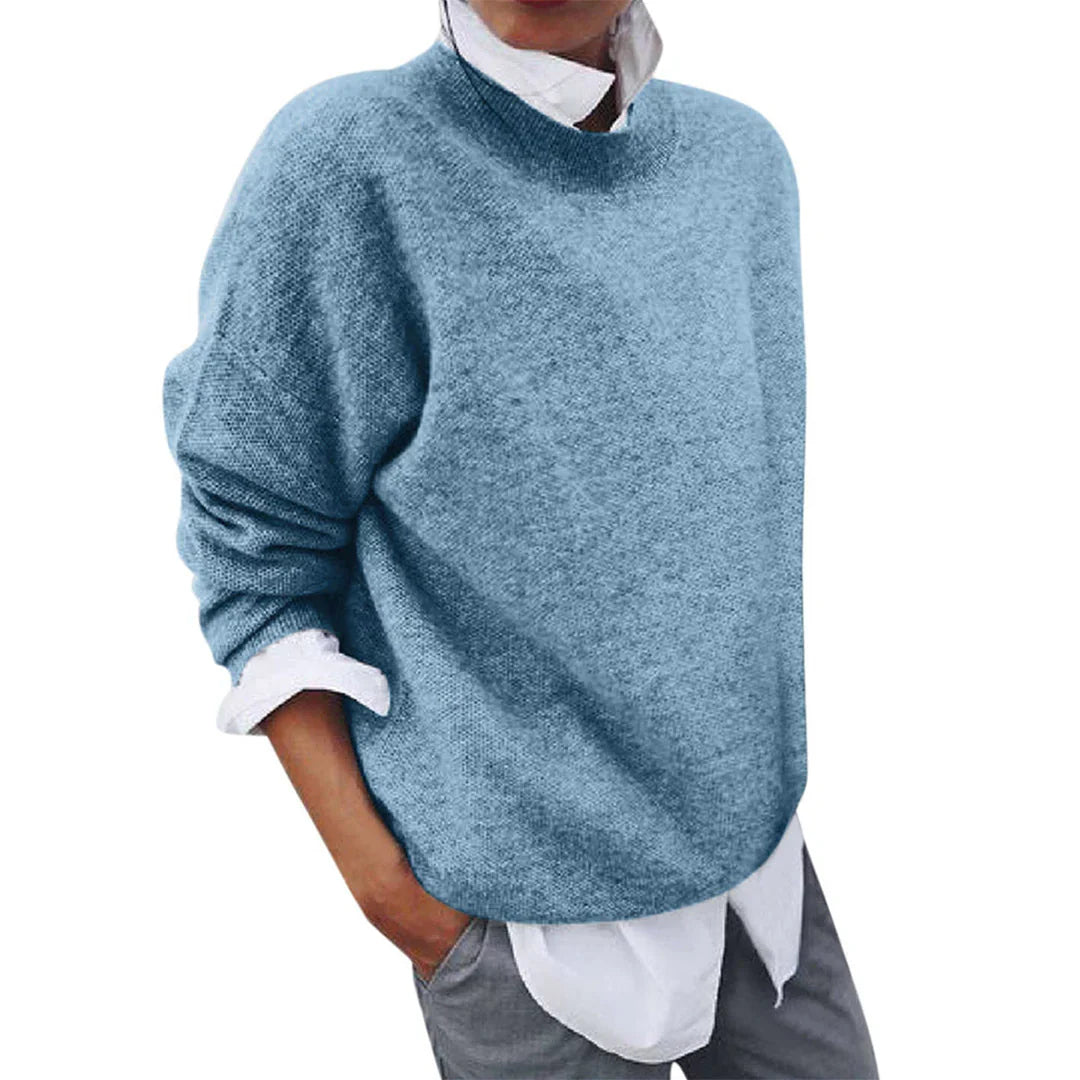 Marigold mock neck long sleeve sweater in light blue, front view