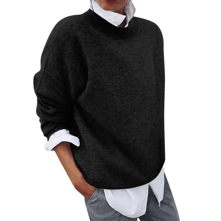 Marigold mock neck long sleeve sweater in black, front view