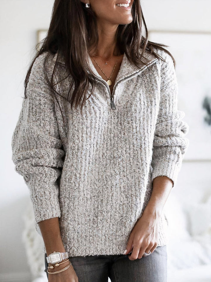 Marigold quarter-zip cable knit sweater in heather gray, front view