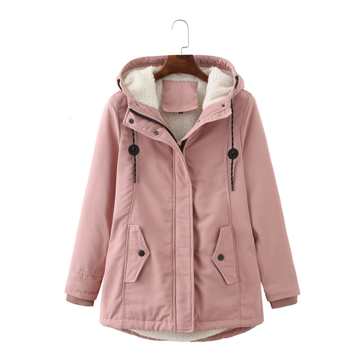 Marina hooded winter parka jacket in pink, front view on hanger