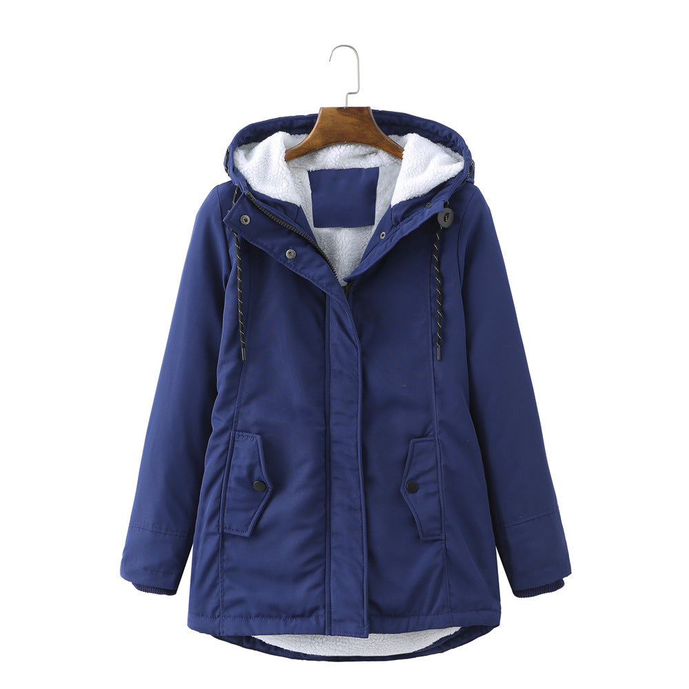 Marina hooded winter parka jacket in mint green, front view on hanger