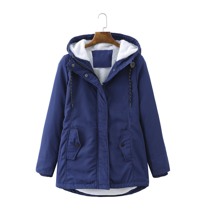 Marina hooded winter parka jacket in mint green, front view on hanger
