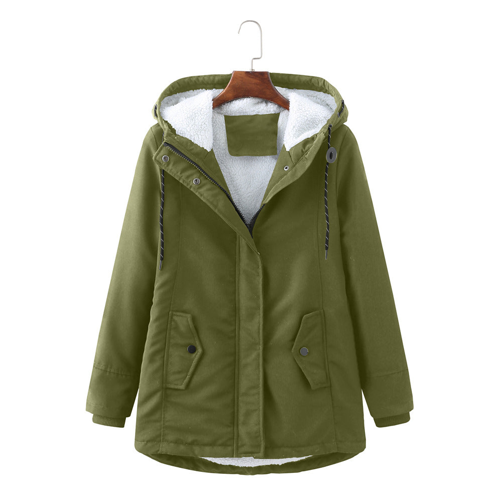 Marina hooded winter parka jacket in mint green, front view on hanger