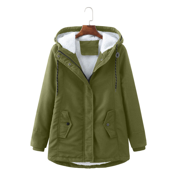 Marina hooded winter parka jacket in mint green, front view on hanger