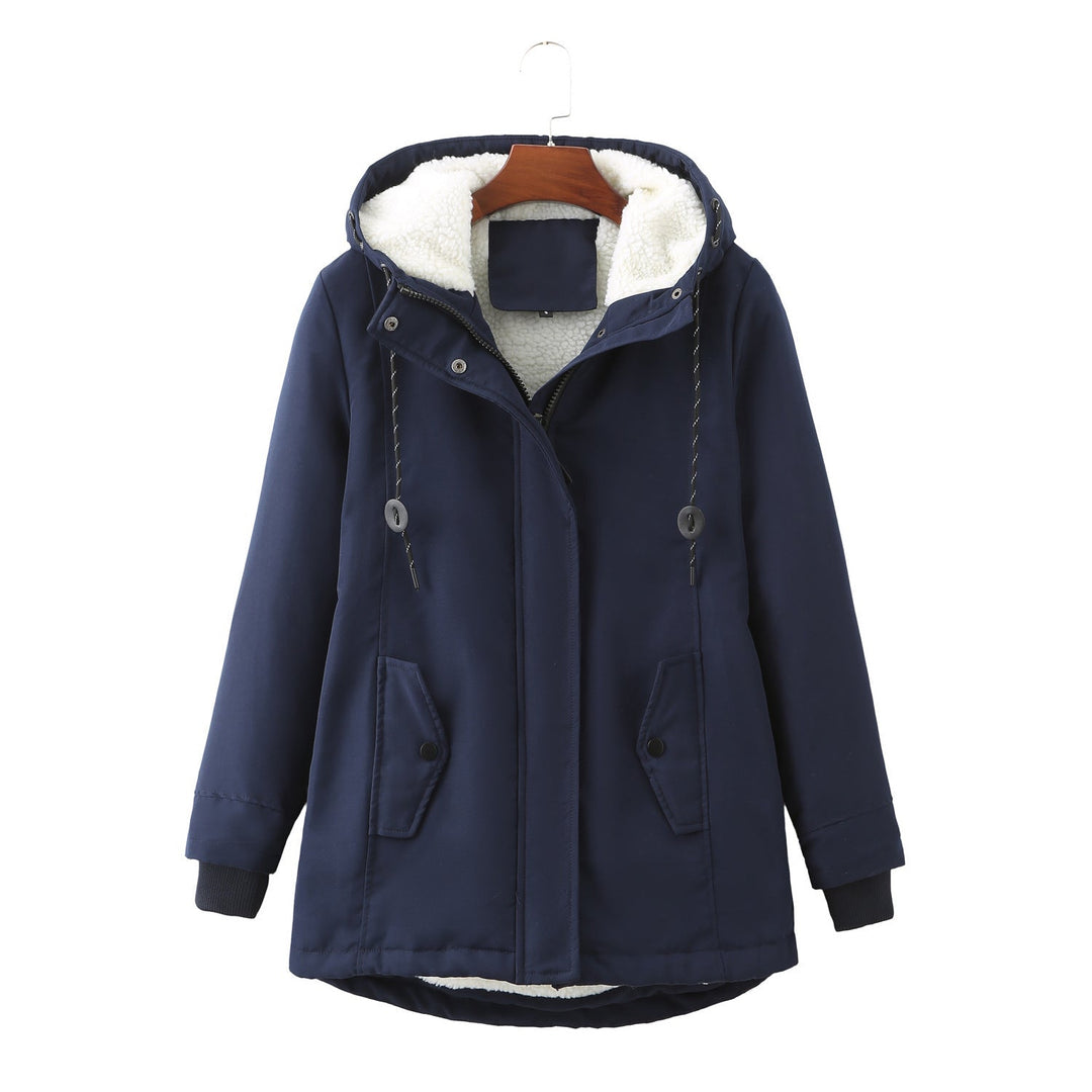 Marina hooded winter parka jacket in navy blue, front view on hanger