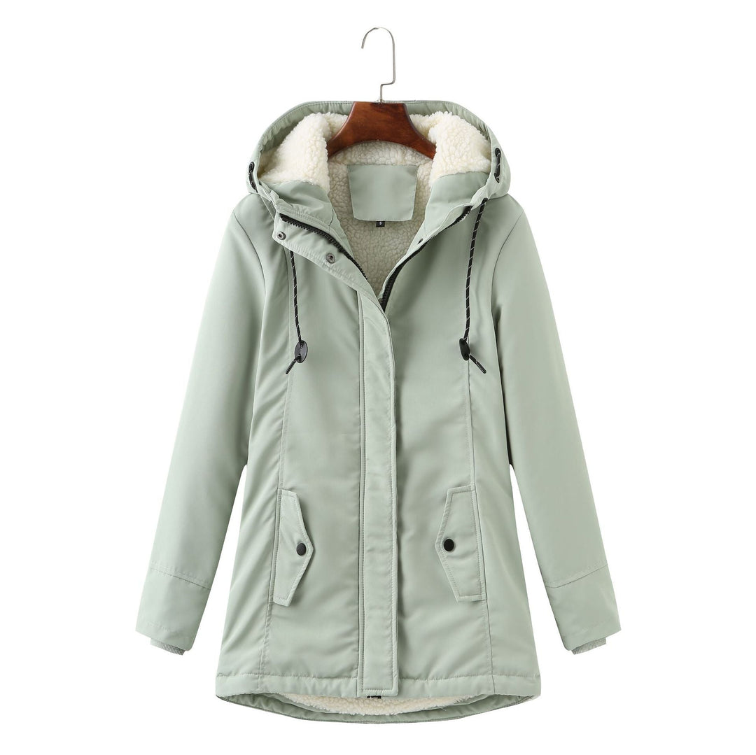 Marina hooded winter parka jacket in mint green, front view on hanger