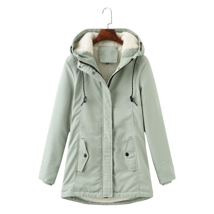 Marina hooded winter parka jacket in mint green, front view on hanger