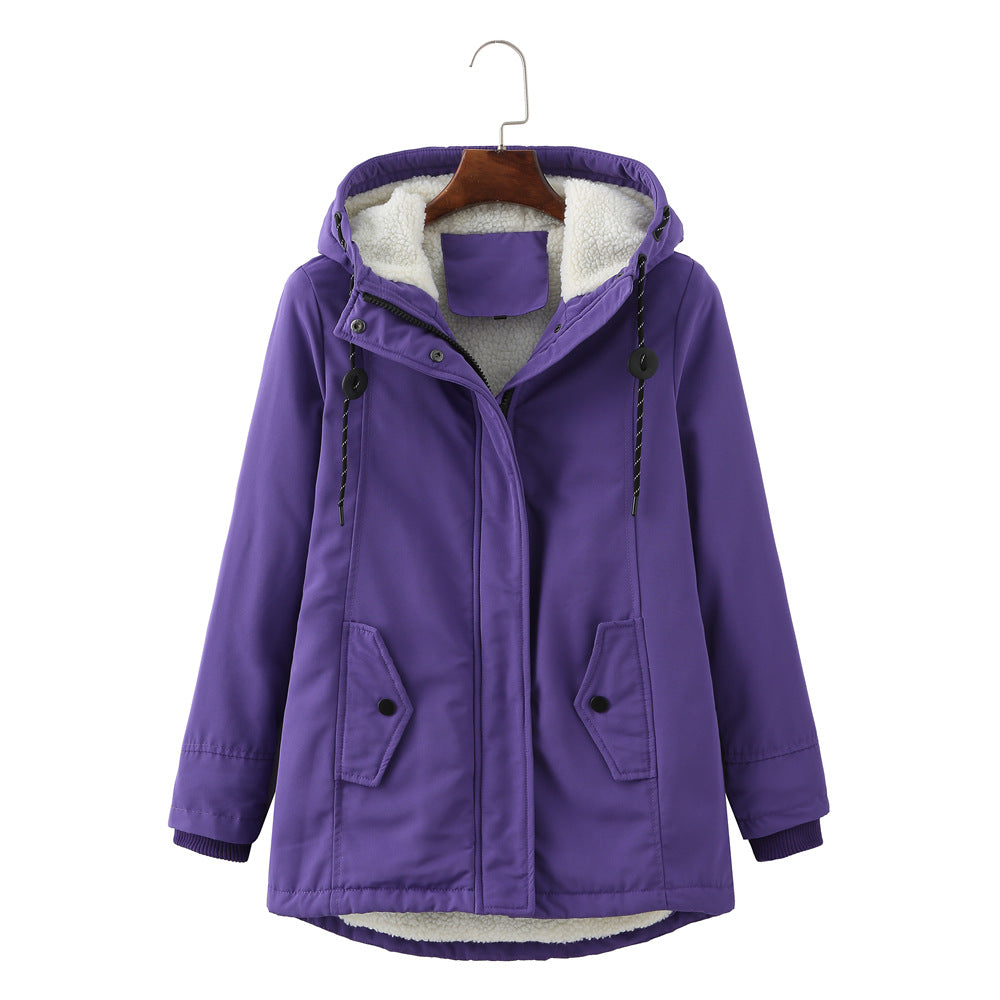 Marina hooded winter parka jacket in mint green, front view on hanger