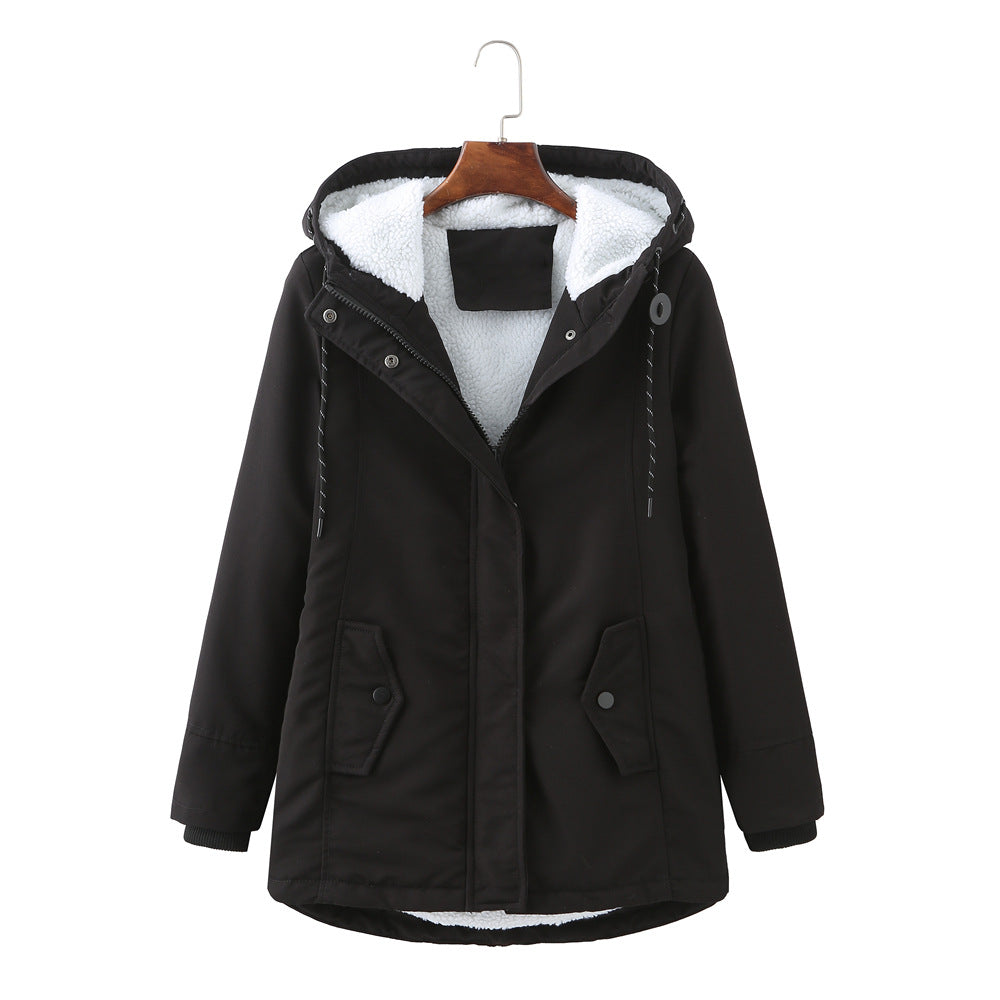 Marina hooded winter parka jacket in mint green, front view on hanger