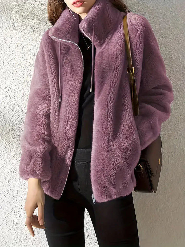 Marina teddy coat in mauve with stand collar, front view
