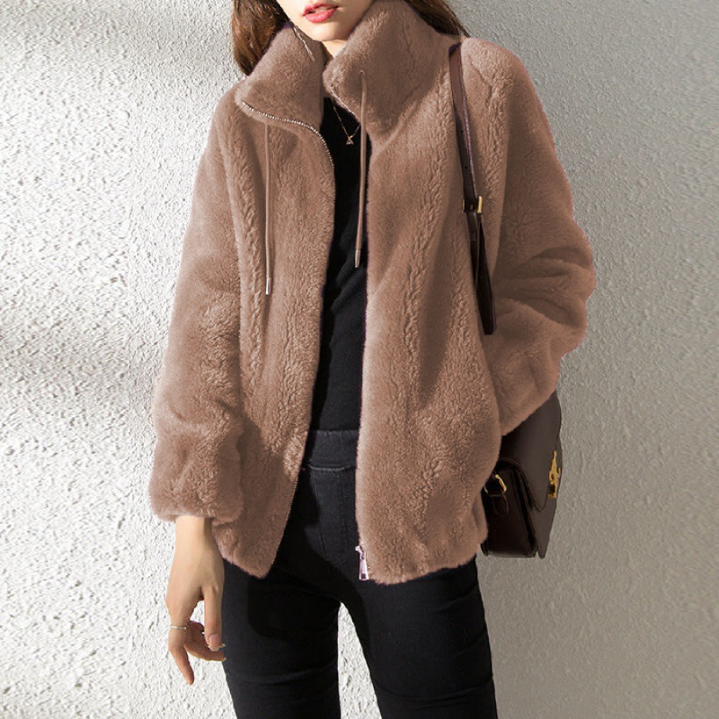 Marina teddy coat in taupe with drawstring hood detail, front view