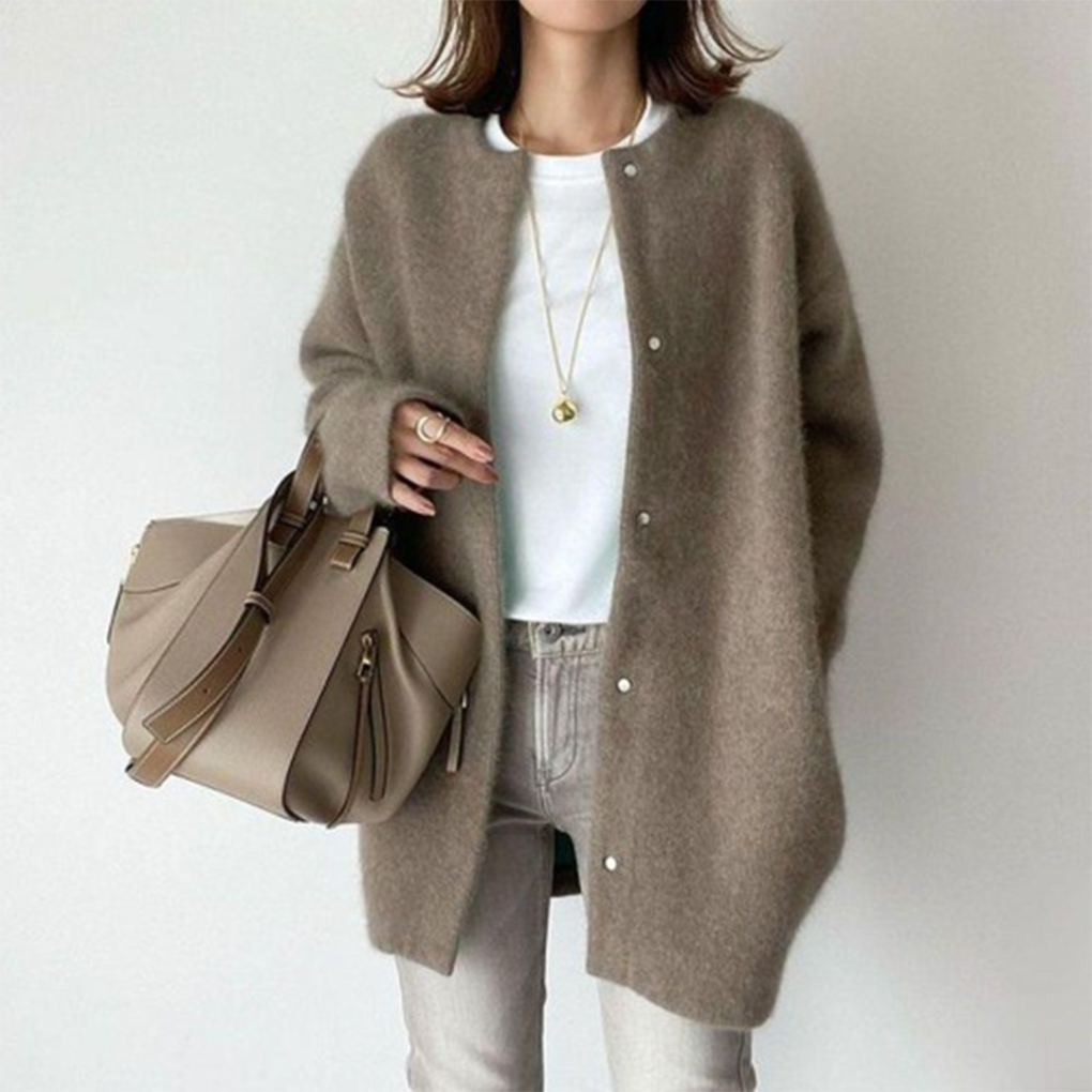 Marlowe fuzzy button down cardigan in taupe, front view with handbag