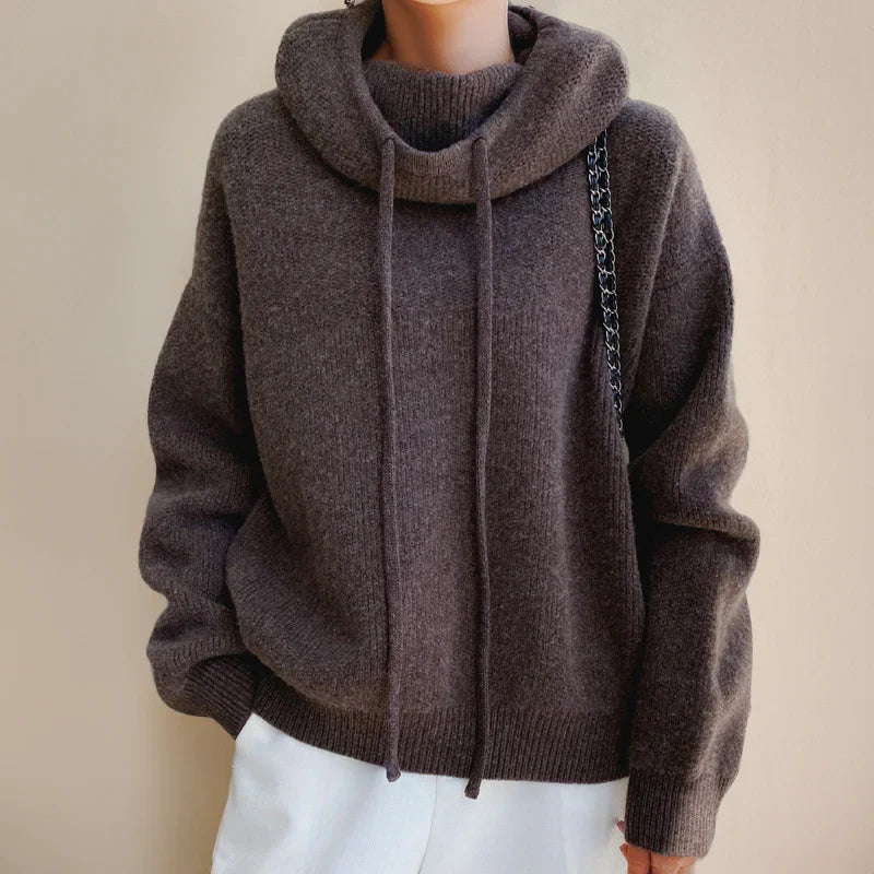 Marlowe cowl neck drawstring hooded sweater in brown, front view close-up