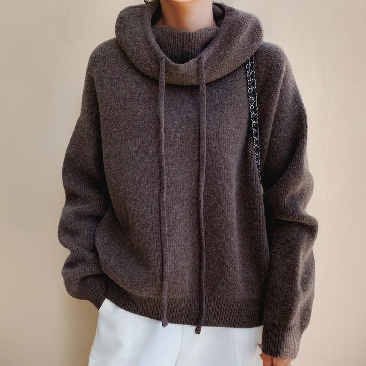Marlowe cowl neck drawstring hooded sweater in brown, front view close-up