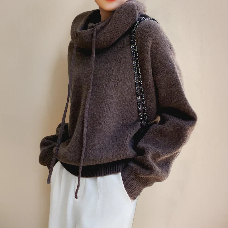 Marlowe cowl neck drawstring hooded sweater in brown, side view detail