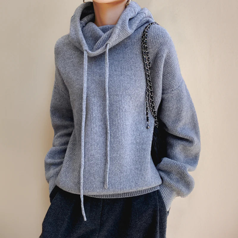 Marlowe cowl neck drawstring hooded sweater in gray-blue, front view