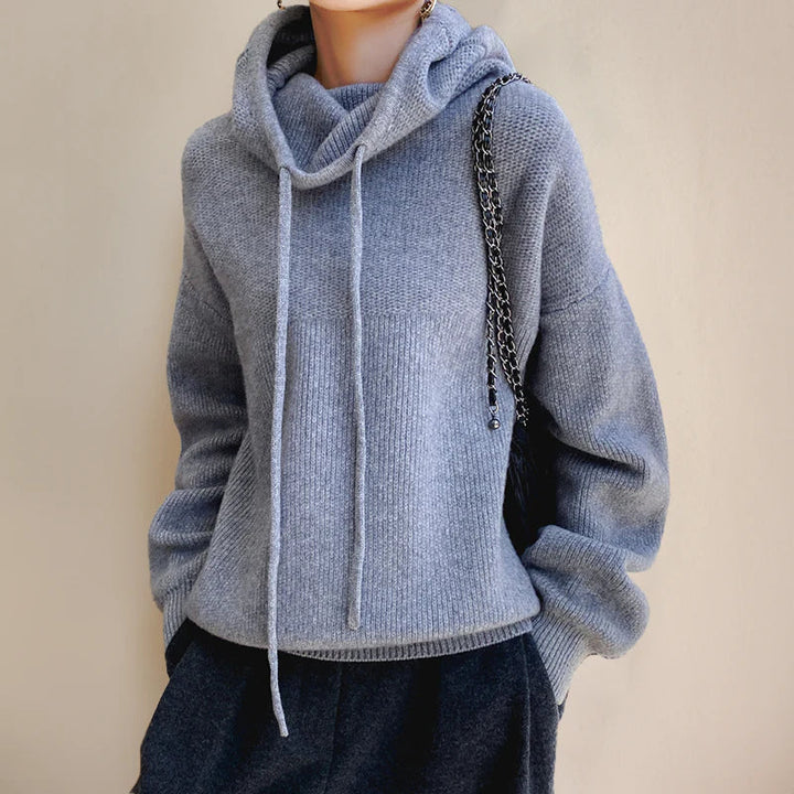 Marlowe cowl neck drawstring hooded sweater in gray-blue, front view