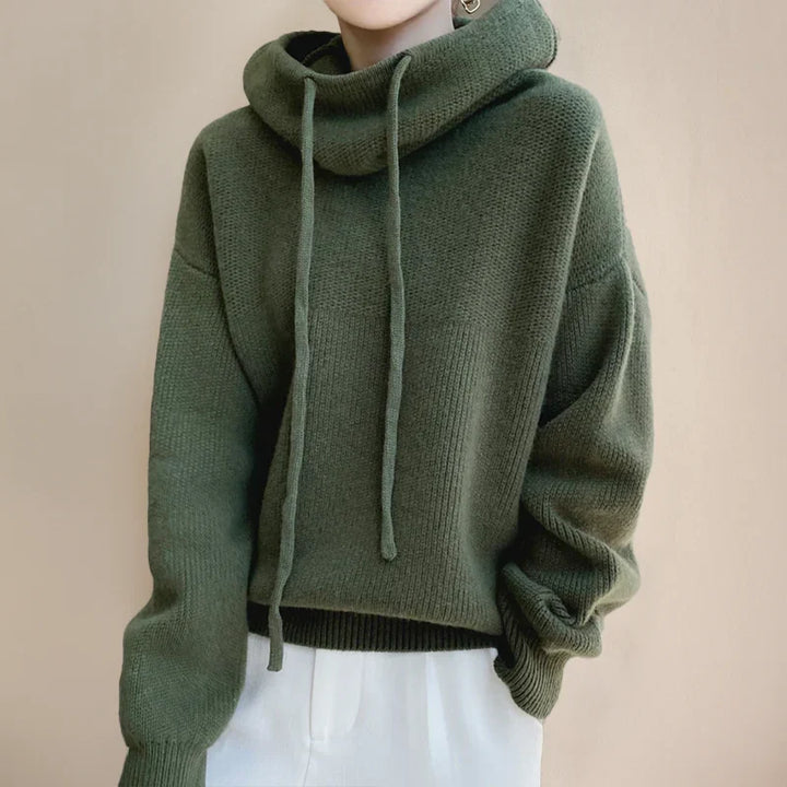 Marlowe cowl neck drawstring hooded sweater in green, close-up detail