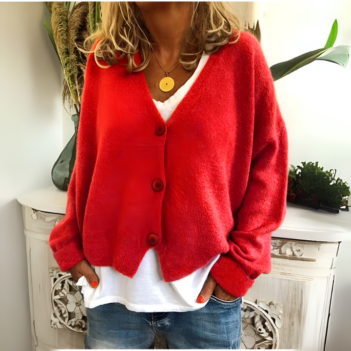 Marlowe V-neck button down relaxed cardigan in red, front view