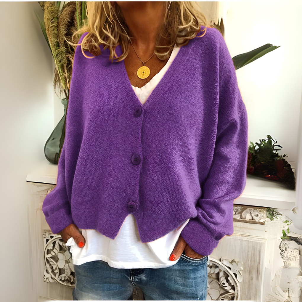 Marlowe V-neck button down relaxed cardigan in purple, front view