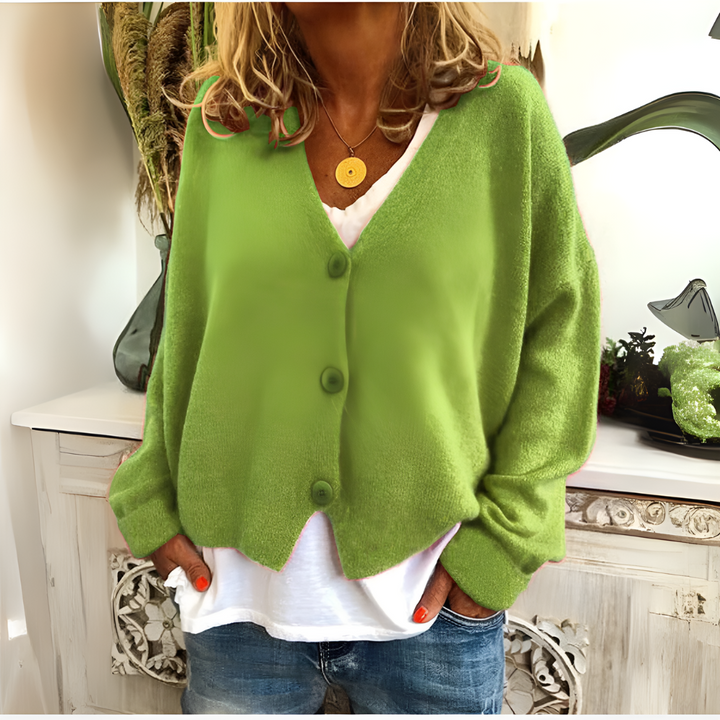 Marlowe V-neck button down relaxed cardigan in green, front view