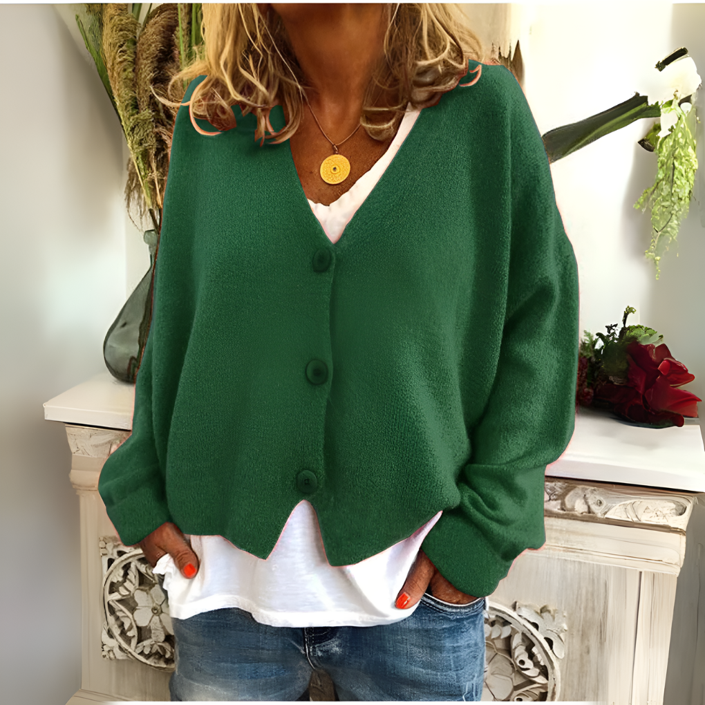 Marlowe V-neck button down relaxed cardigan in dark green, front view