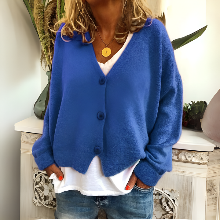 Marlowe V-neck button down relaxed cardigan in blue, front view