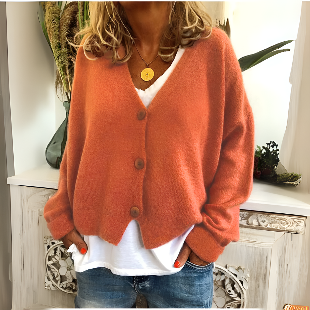 Marlowe V-neck button down relaxed cardigan in orange, front view