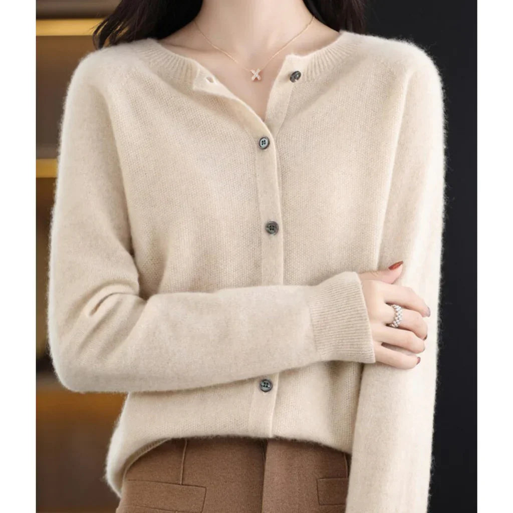 Marnie button down crew neck cardigan in beige, front view